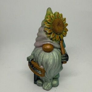 Unique Resin Garden Gnome with Sunflower and Welcome Sign